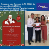 CAROLINA TELES - Entrega de Vale Compras R$ 250,00 - Campanha SindiLUZ 2024 - Ganhador cliente da Loja Planeta Jeans de Nova Prata.